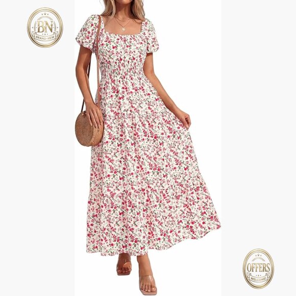 Polyester Floral Smocked Midi Dress with Pockets